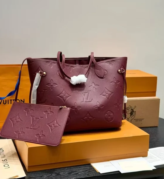 Louis Vuitton Wine Embossed Neverfull MM Tote Bag (With Box ) first copy