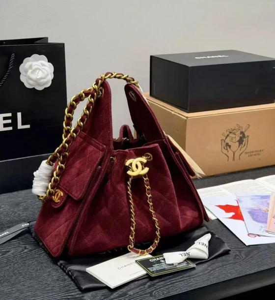 Chanel Iconic 25s Red Color Sued Premium Hobo Bag (With Box) first copy