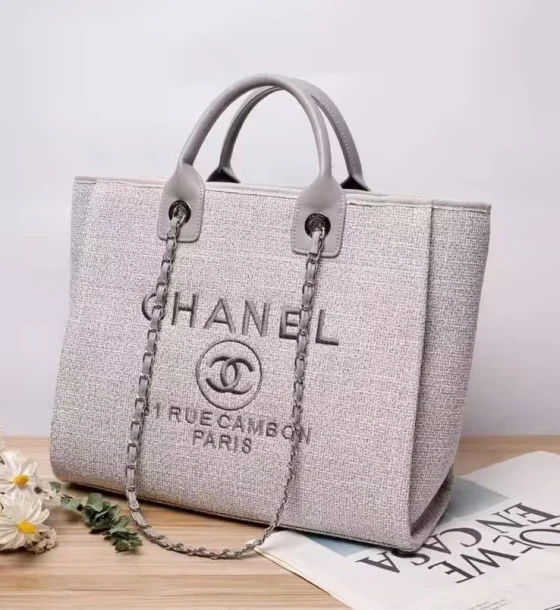 Chanel Deauville Beige Grey Canvas Tote first copy