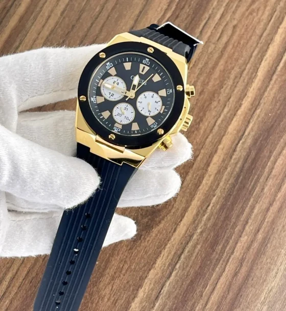 Guess Mens Black Gold Tone Quartz Watch first copy