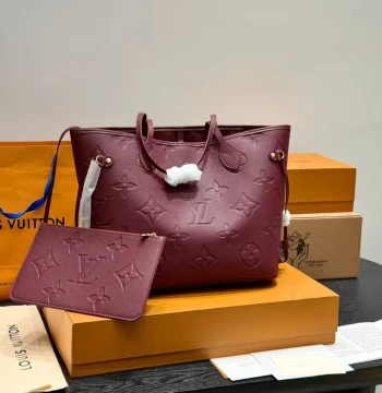 Louis Vuitton Wine Embossed Neverfull MM Tote Bag (With Box ) first copy