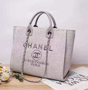 Chanel Deauville Beige Grey Canvas Tote first copy
